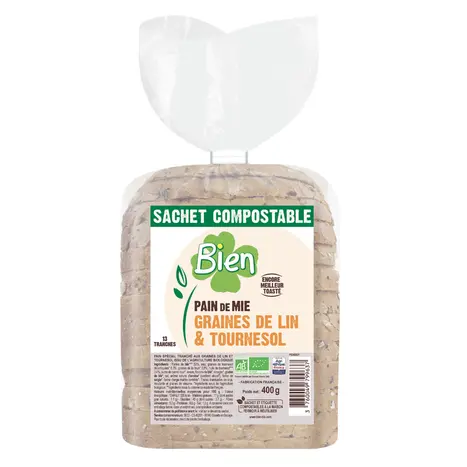 Epicerie sucrée : Bien – Pain de mie bio dans un emballage compostable à domicile
La marque de la société La Boulangère innove avec un pain de 