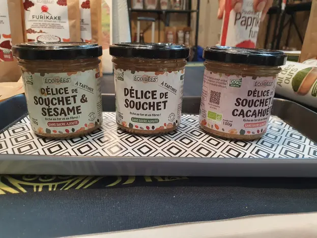 Ecoidées, le spécialiste du souchet épluché en sachet,  a présenté à Natexpo trois recettes de pâte à tartiner au souchet : nature, sésame 