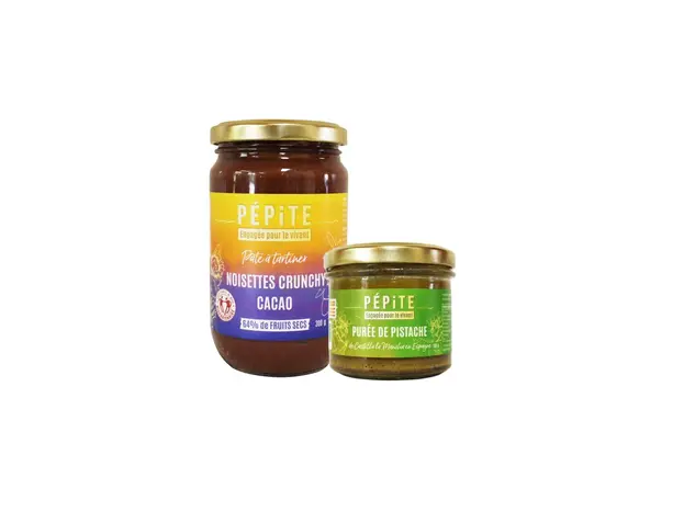 Pépite (Agrosourcing) étoffe sa gamme avec une pâte à tartiner noisette crunchy cacao (10 € le pot de 300 g) et une purée de pistache origine E