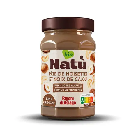 Natù (Rigoni di Asiago) ajoute un code noisette-cajou (7,49 € les 220 g) à sa gamme de purées d'oléagineux sortie l'an passé (cacahuète et ama