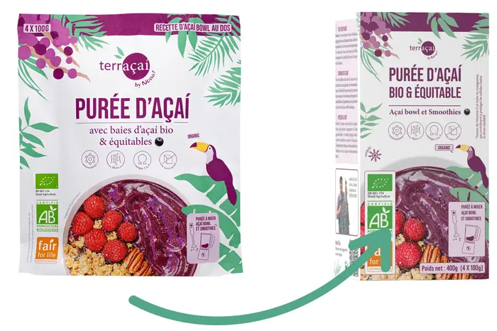 La purée d'acai Terracai by Nossa, vendue en sachet de quatre pochettes plastique de 100 g sera conditionnée en boîte carton à paartir de juillet 