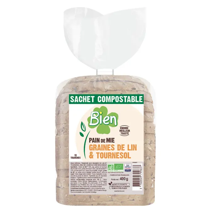 Epicerie sucrée : Bien – Pain de mie bio dans un emballage compostable à domicile
La marque de la société La Boulangère innove avec un pain de 