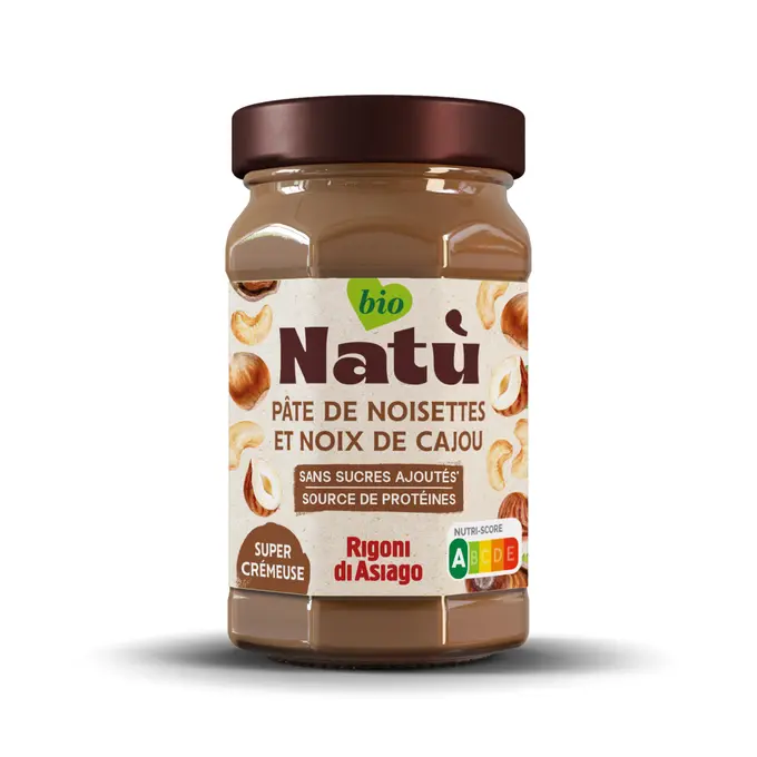 Natù (Rigoni di Asiago) ajoute un code noisette-cajou (7,49 € les 220 g) à sa gamme de purées d'oléagineux sortie l'an passé (cacahuète et ama